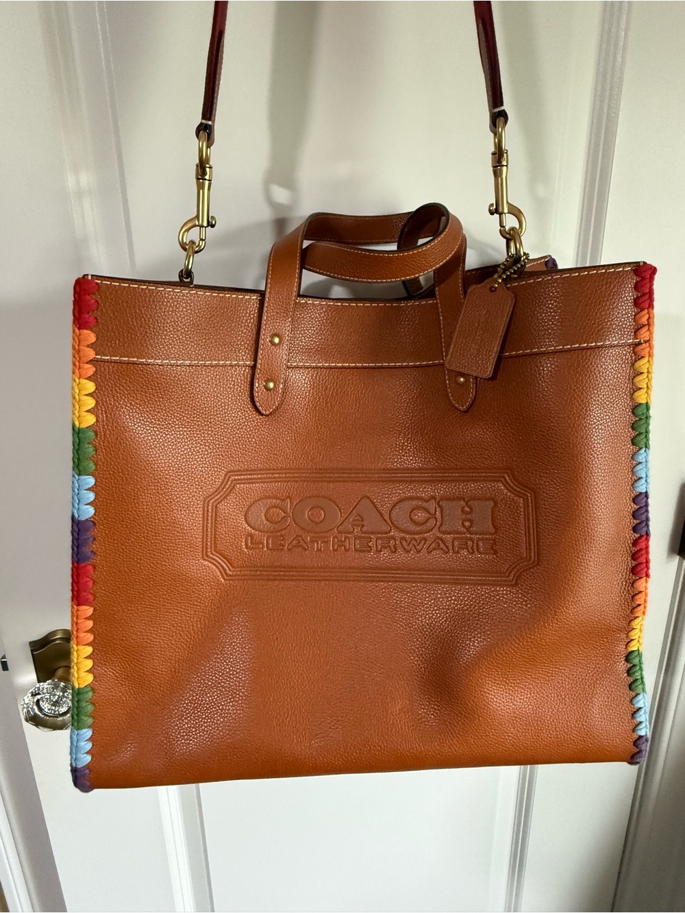Coach Brown Leather Messenger Tote with Rainbow Crochet Trim - Picture 2 of 10